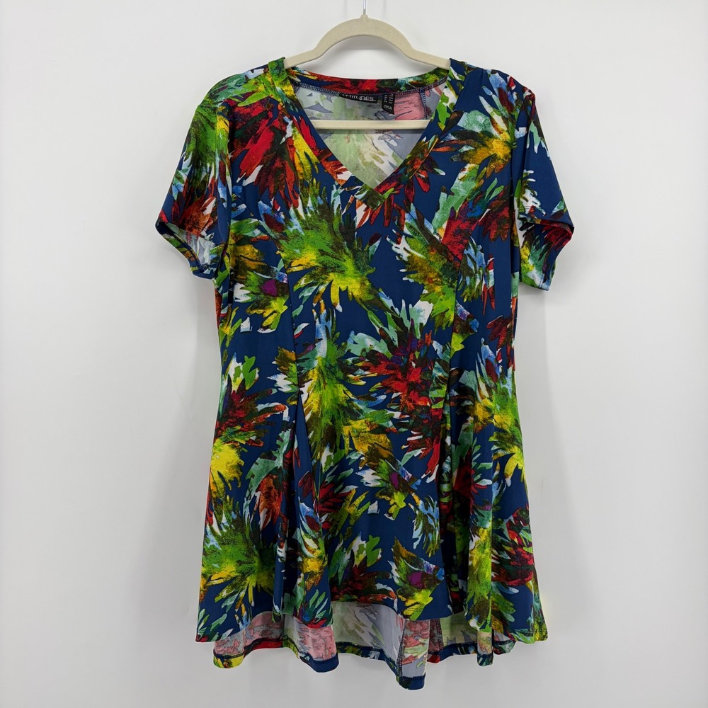 Attitudes by Renee Womens‎ LP Blue Multicolor Tropical Print V-Neck Tunic Top